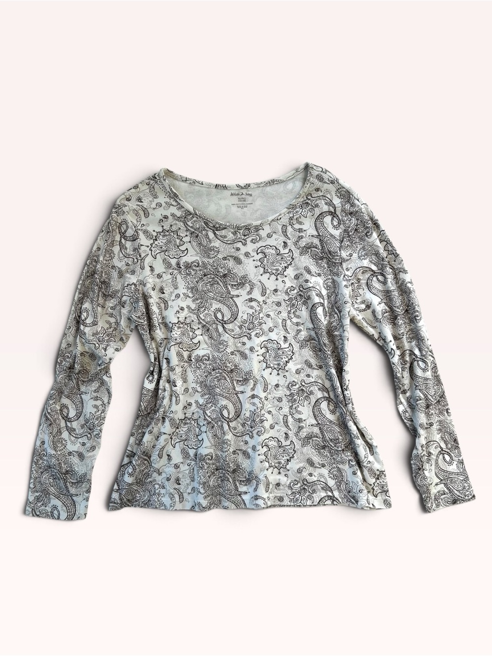 Y2K White Stag Women's Long-Sleeve Paisley Scoop Neck Top - White & Brown, Grey